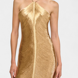 Jianna Vestido Halter con Flecos Metálicos Dorados Exclusivo