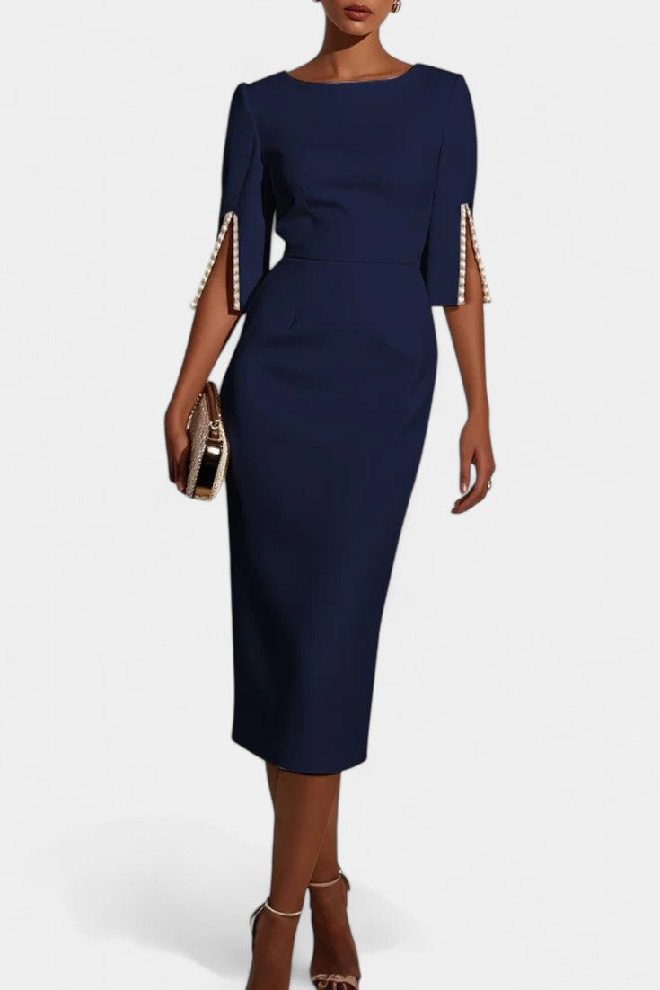 Reece Vestido Midi Con Perlas Cuello Redondo Exclusivo
