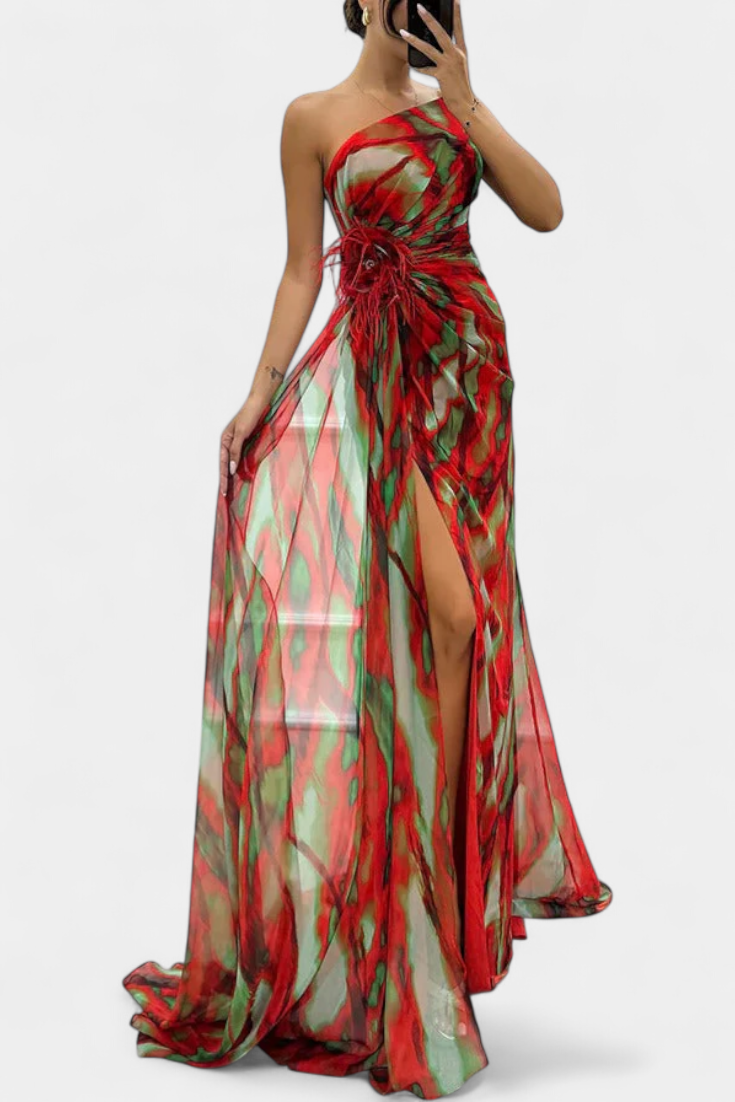 Aylin Vestido Maxi Asimétrico Estampado Colección Exclusiva