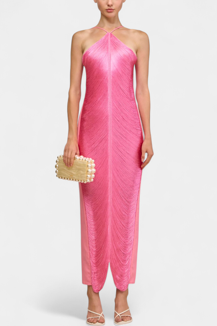 Jianna Vestido Halter con Flecos Metálicos Dorados Exclusivo