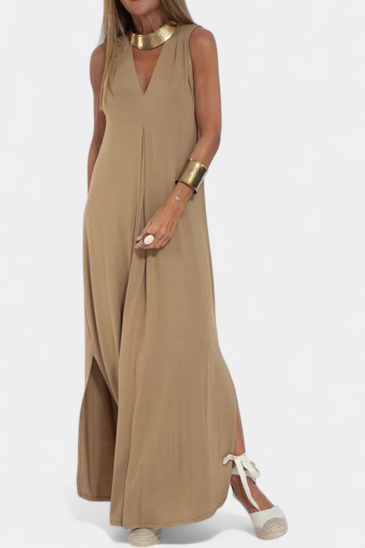 Felisa Vestido Maxi Sin Mangas Crepé Liso Exclusiva