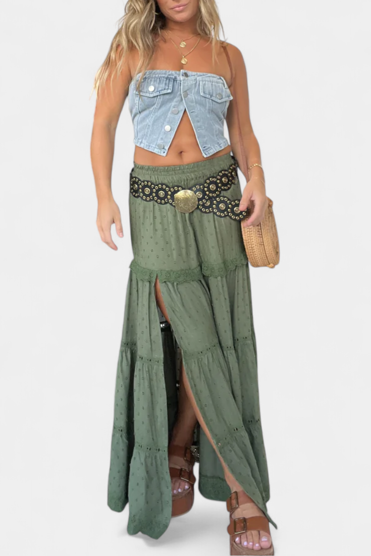 Dalia Falda Maxi Boho Con Encaje Abertura Frontal Exclusiva