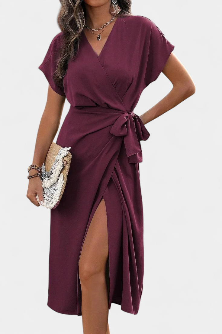 Begoña Vestido Cruzado Exclusivo Con Cinturón Abertura Sutil
