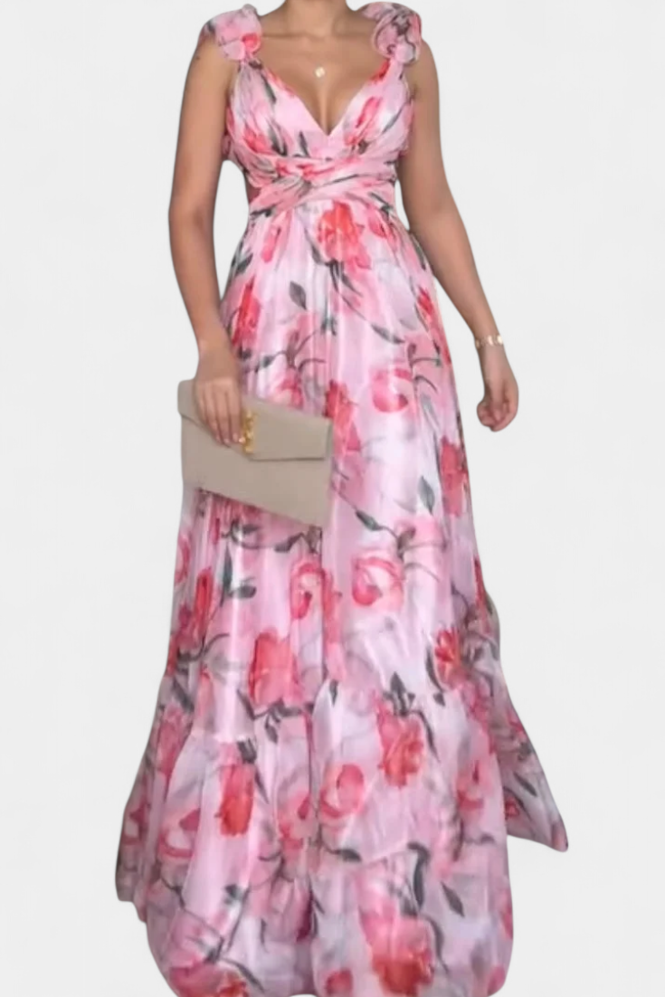 Shazia Vestido Largo Estampado Artístico Único Sin Espalda