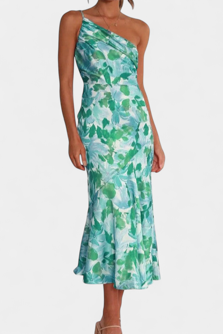 Reya Vestido Asimétrico Un Hombro Estampado Floral Premium