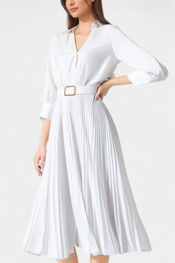 Michelle Vestido Midi Cuello Sastrero y Cinturón Plisado