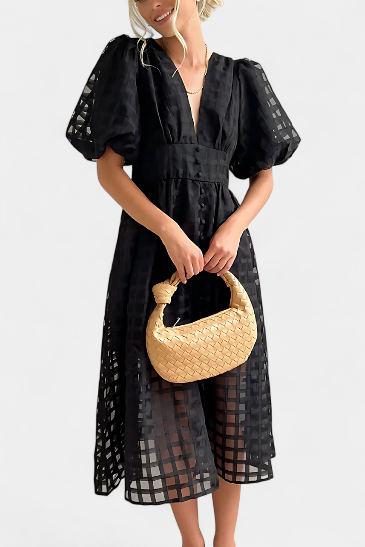 Marigold Vestido Midi Vintage Manga Abullonada Cuadrados