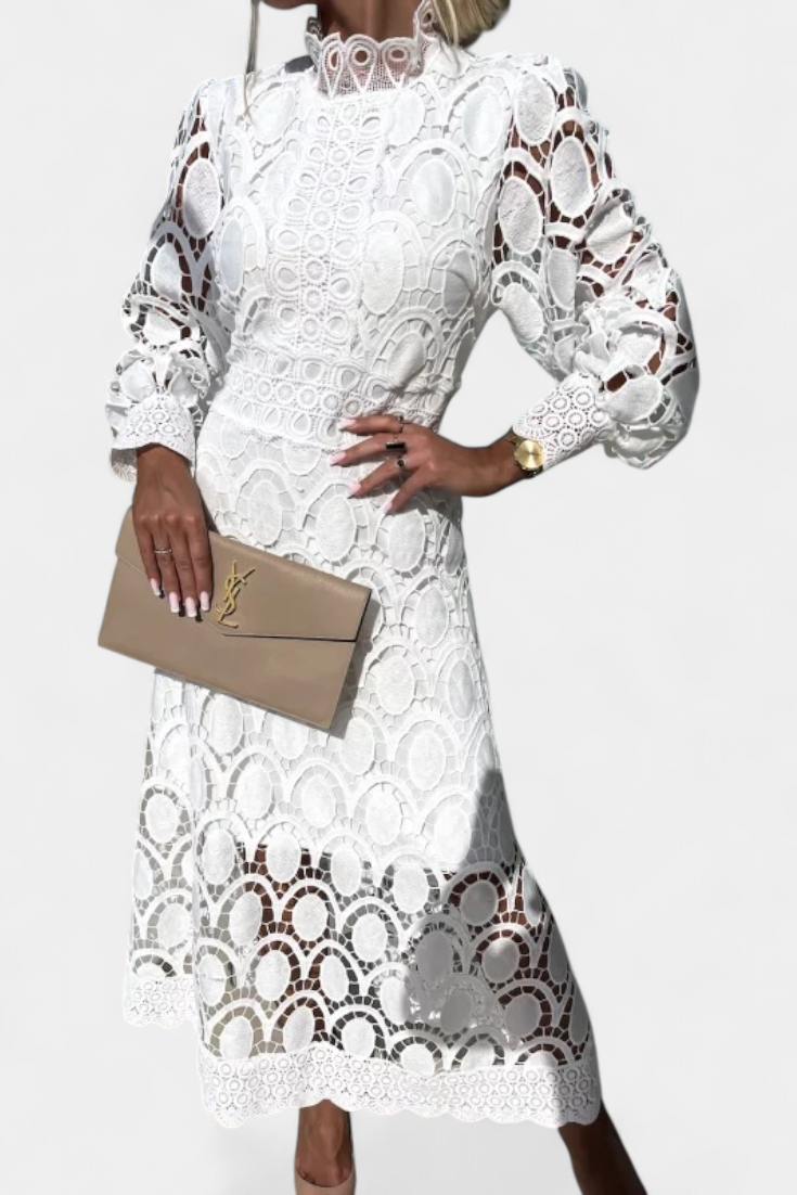 Lucinda Vestido Midi Encaje Electa Mangas Farol Cuello Alto