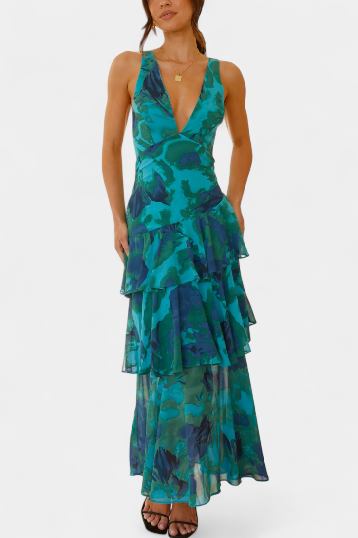 Domenica Vestido de Gasa con Escote en V y Capas Exclusivas