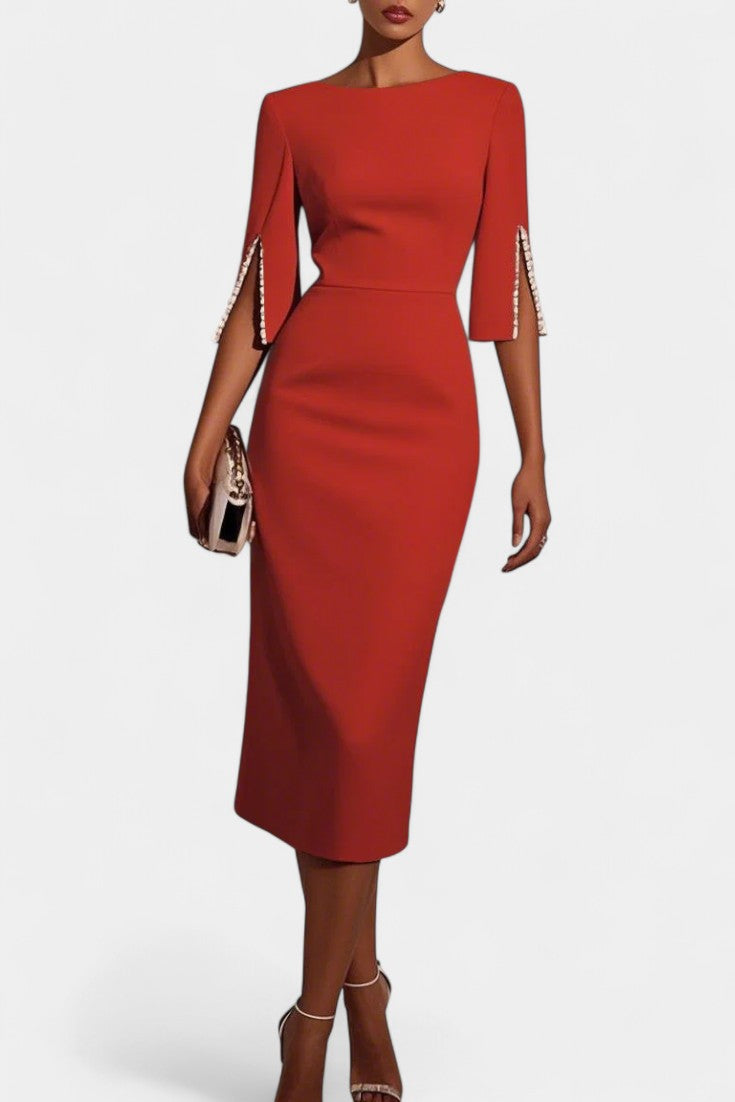 Reece Vestido Midi Con Perlas Cuello Redondo Exclusivo