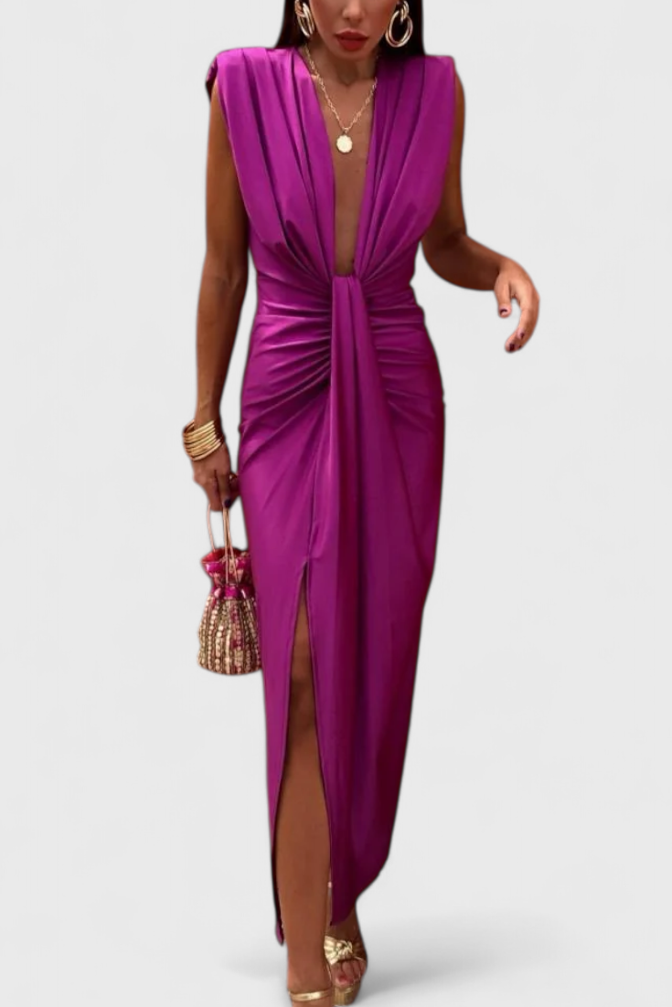 Lakisha Vestido Midi Fruncido Escote Profundo Exclusivo