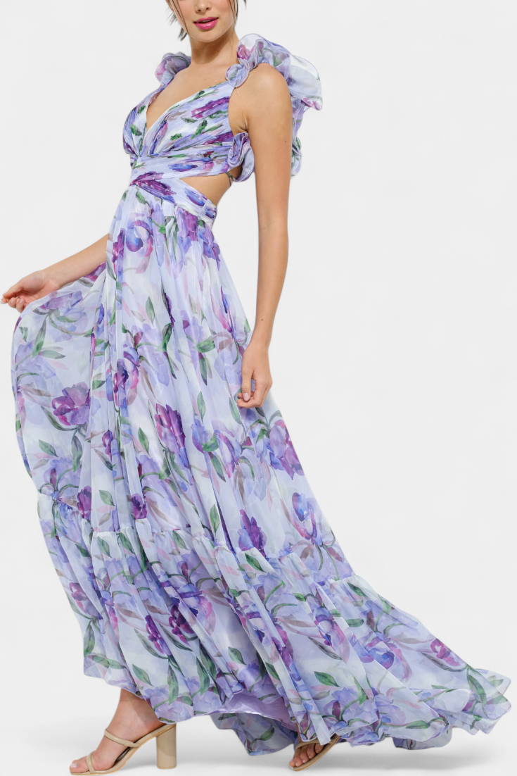 Shazia Vestido Largo Estampado Artístico Único Sin Espalda