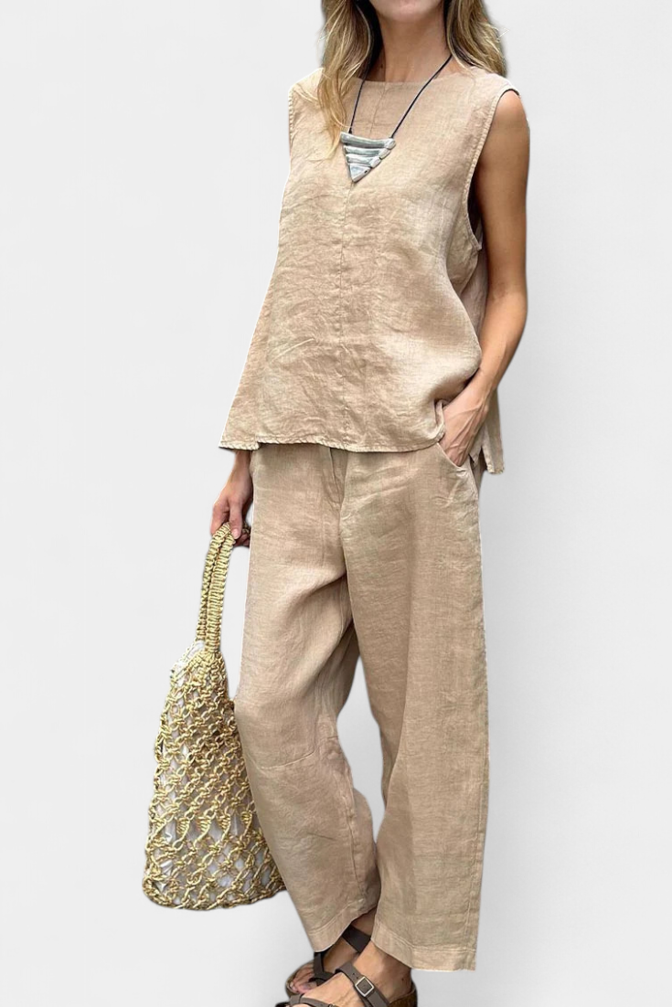 Leona Conjunto Chaleco Pantalón Algodón Lino Exclusivo