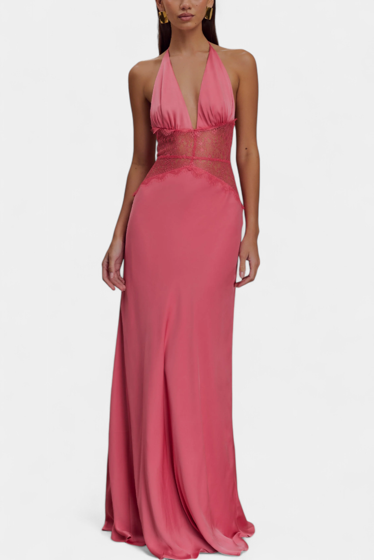 Ashanty Vestido Largo Halter Con Encaje Transparente Elite