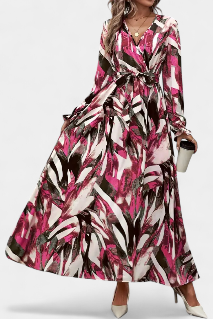 Basel Vestido Largo Manga Larga Escote V Estampado Exclusiva