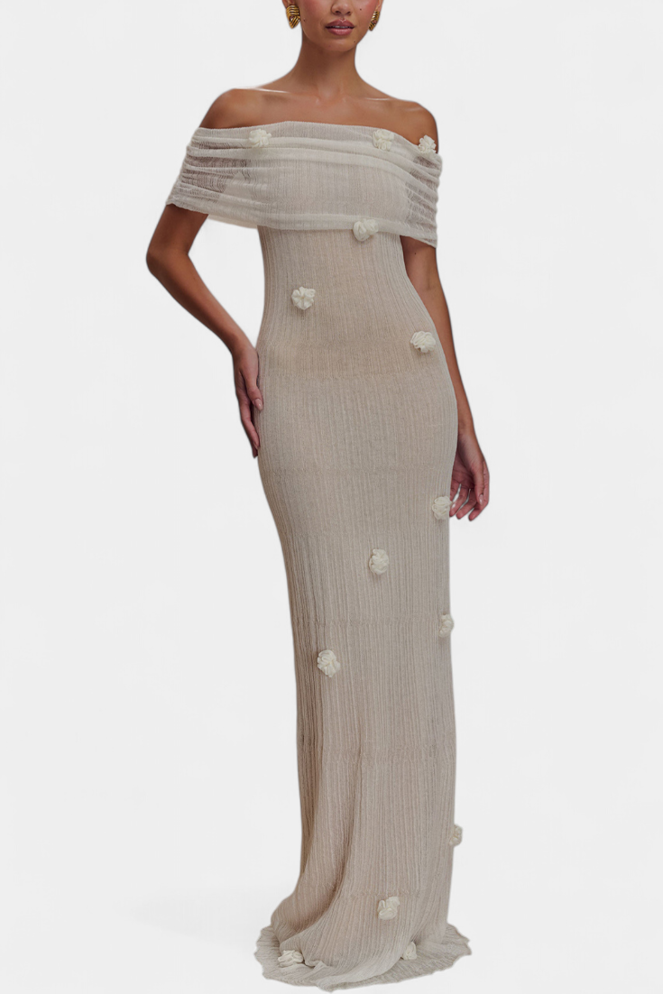 Barbara Vestido Maxi Punto Off Shoulder Orquídeas 3D Edición