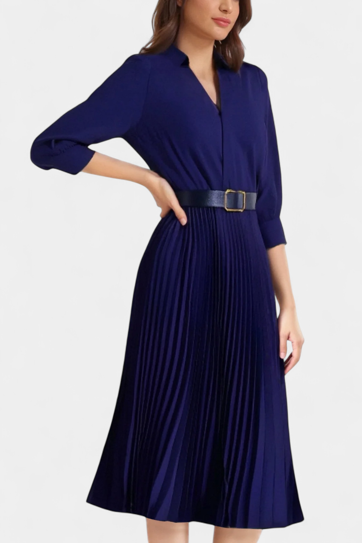 Michelle Vestido Midi Cuello Sastrero y Cinturón Plisado