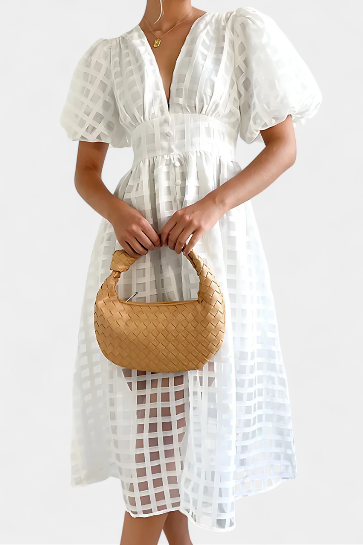 Marigold Vestido Midi Vintage Manga Abullonada Cuadrados