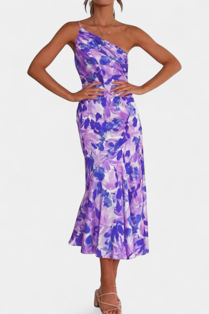 Reya Vestido Asimétrico Un Hombro Estampado Floral Premium