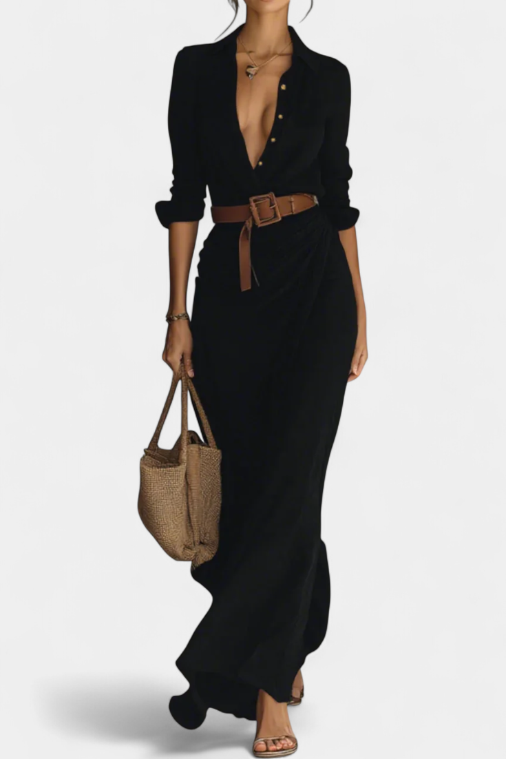 Souline Vestido Maxi Solapa Manga Larga Sastrería Exclusiva