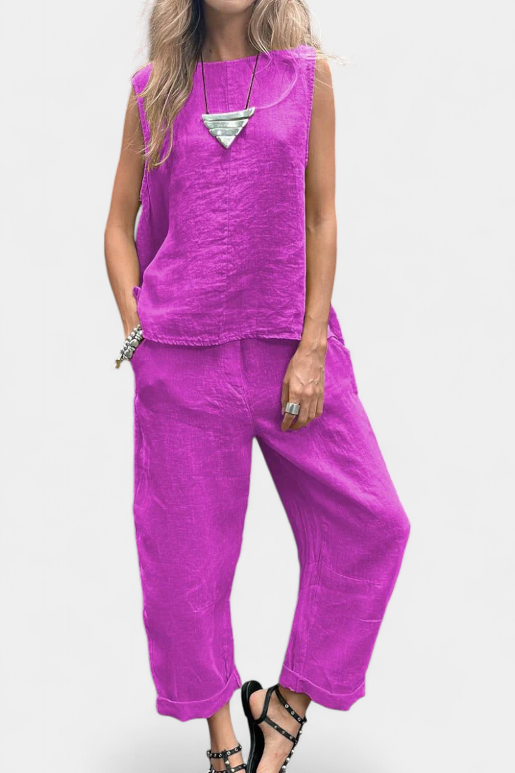 Leona Conjunto Chaleco Pantalón Algodón Lino Exclusivo