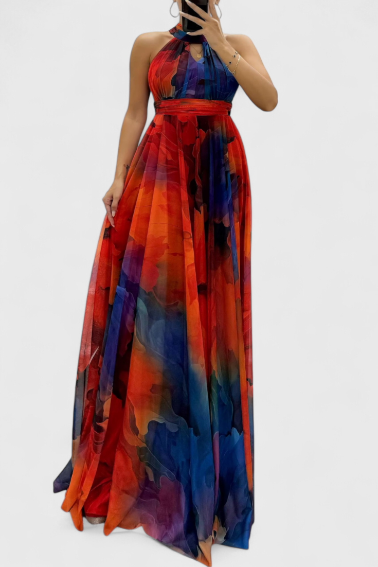 Caprice Vestido Maxi Gasa Floral Cuello Halter Edicion