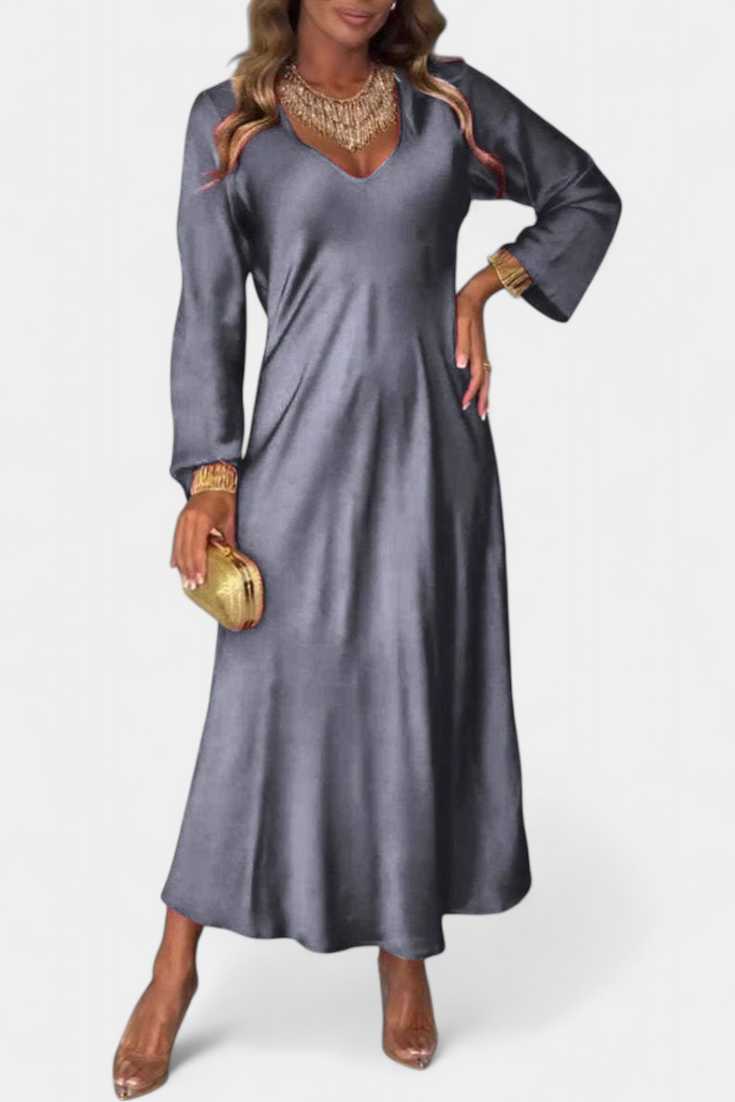 Riva Vestido Fluido Seda Escote V Mangas Largas Exclusivo