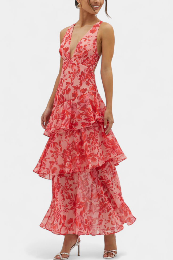 Domenica Vestido de Gasa con Escote en V y Capas Exclusivas