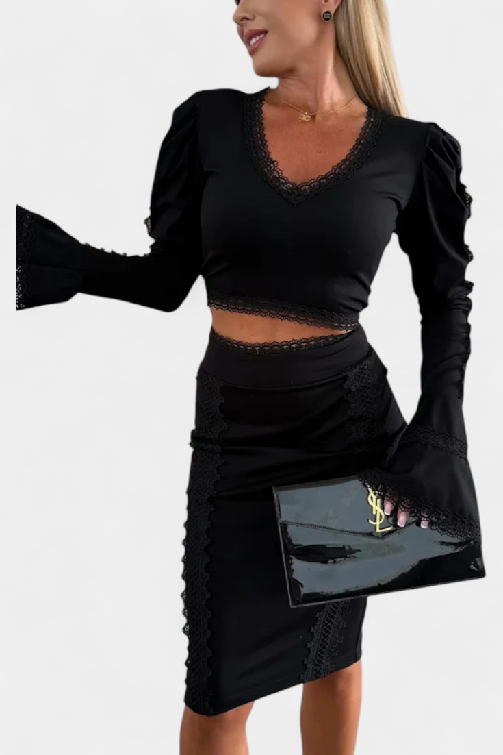 Minerva Conjunto Encaje Top Falda Cintura Alta Exclusivo