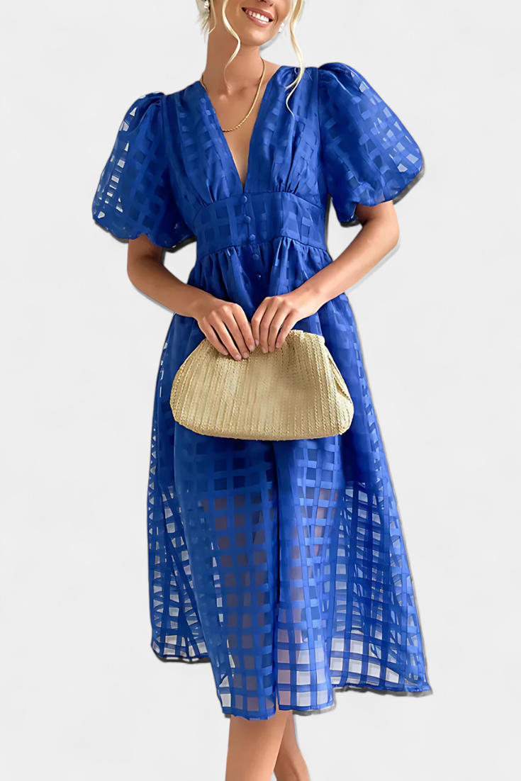 Marigold Vestido Midi Vintage Manga Abullonada Cuadrados