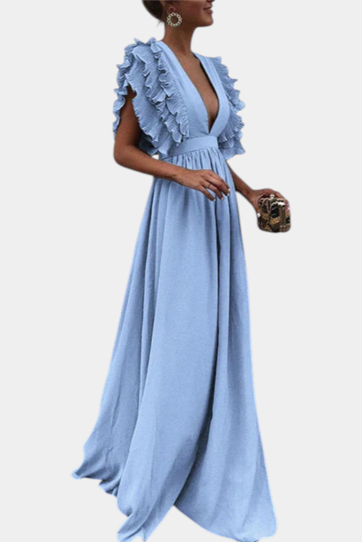 Lucera Vestido Maxi Exclusivo Tejido Suave Mangas Volantes