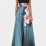 Radmila Vestido A Line Cuerpo Negro Falda Floral Exclusiva