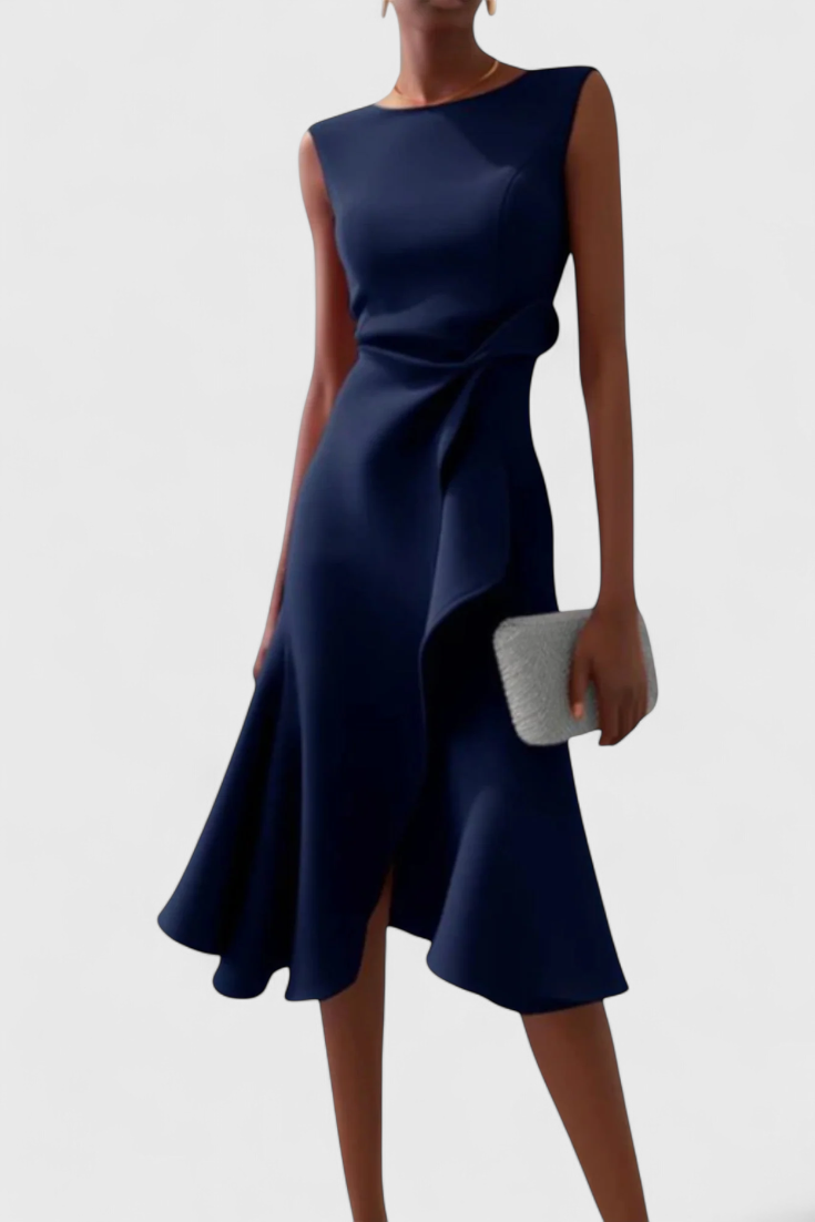 Claudia Vestido Midi Asimétrico Drapeado Exclusivo Elegante