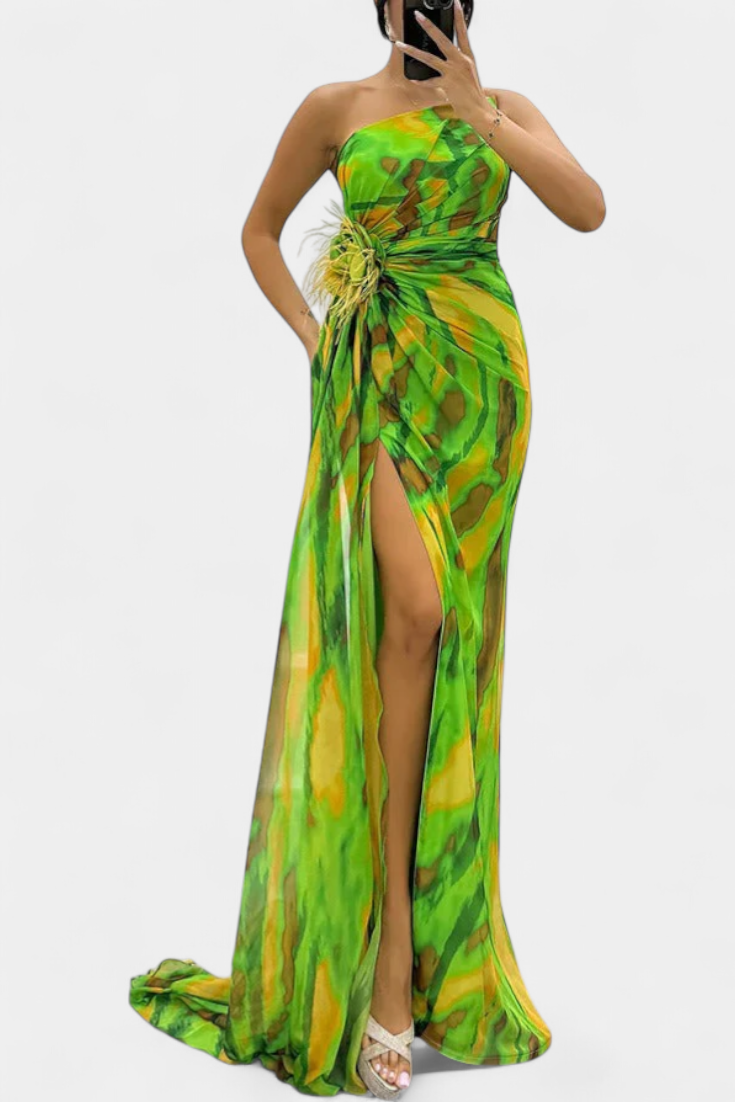 Aylin Vestido Maxi Asimétrico Estampado Colección Exclusiva