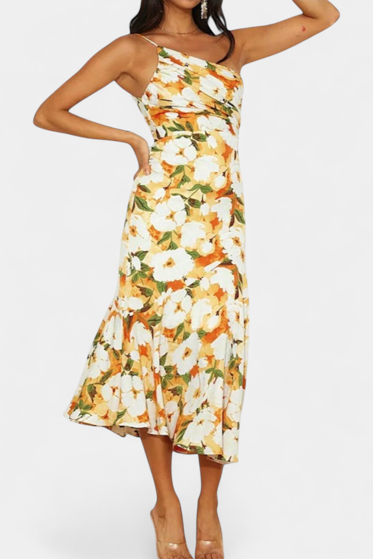 Reya Vestido Asimétrico Un Hombro Estampado Floral Premium