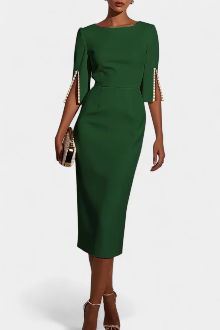 Reece Vestido Midi Con Perlas Cuello Redondo Exclusivo