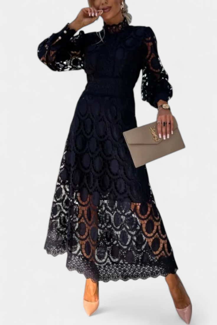 Lucinda Vestido Midi Encaje Electa Mangas Farol Cuello Alto