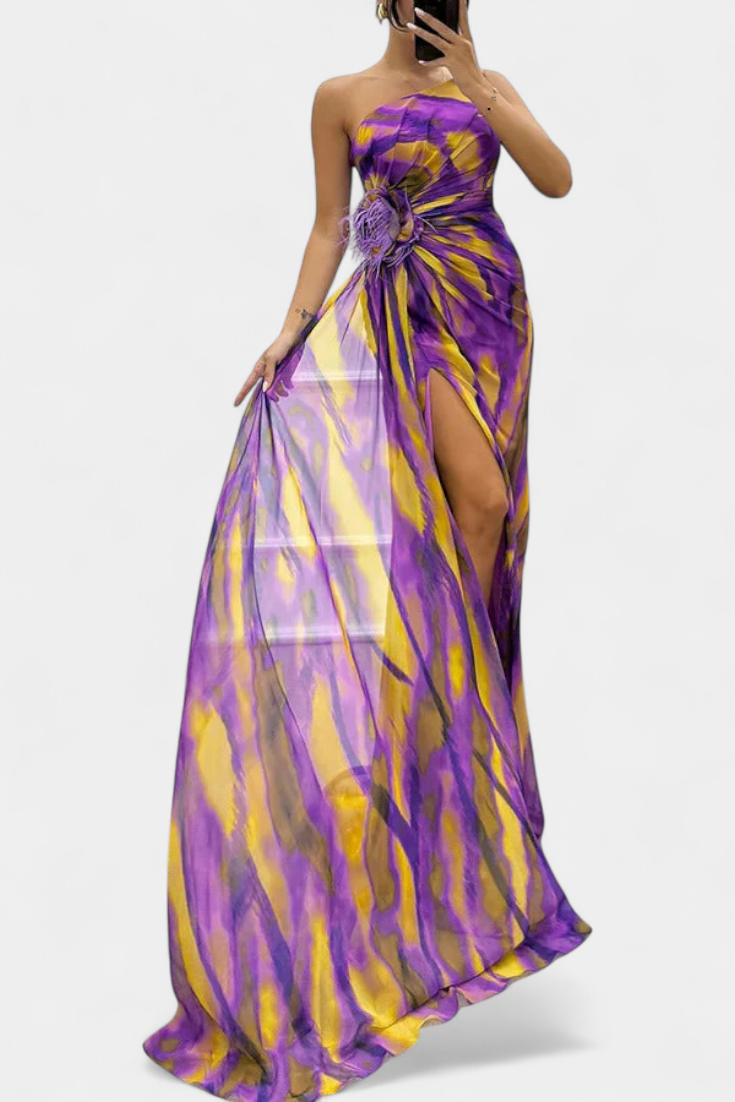 Aylin Vestido Maxi Asimétrico Estampado Colección Exclusiva