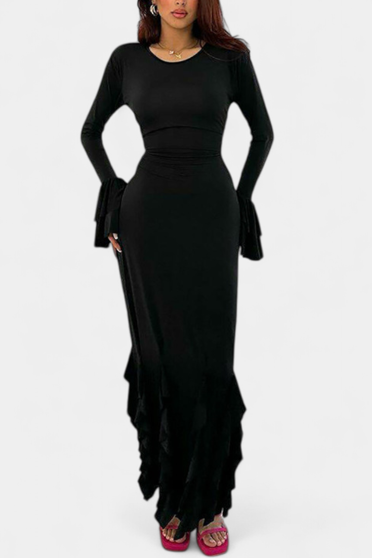 Calissa Vestido Seda Exclusivo Volantes Mangas Acampanadas