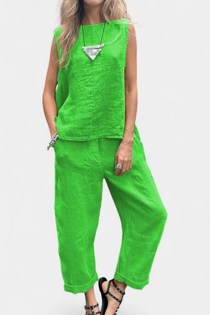 Leona Conjunto Chaleco Pantalón Algodón Lino Exclusivo