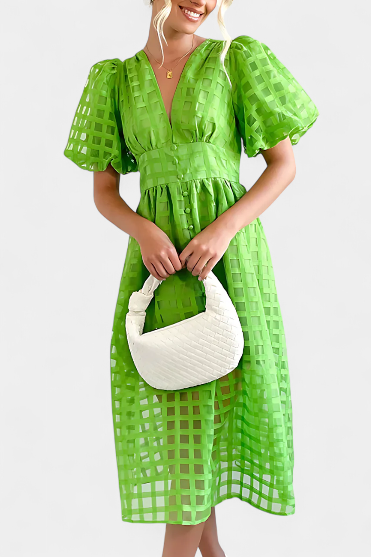 Marigold Vestido Midi Vintage Manga Abullonada Cuadrados