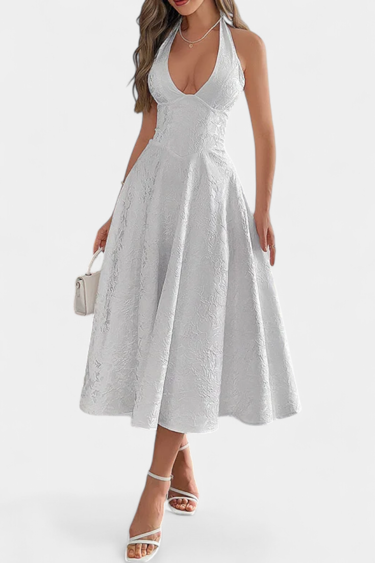 Gilda Vestido Midi Jacquard Exclusiva Cintura Alta