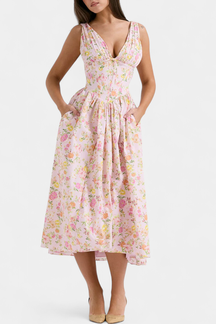 Margie Vestido Midi Estampado Floral Romántico Exclusivo