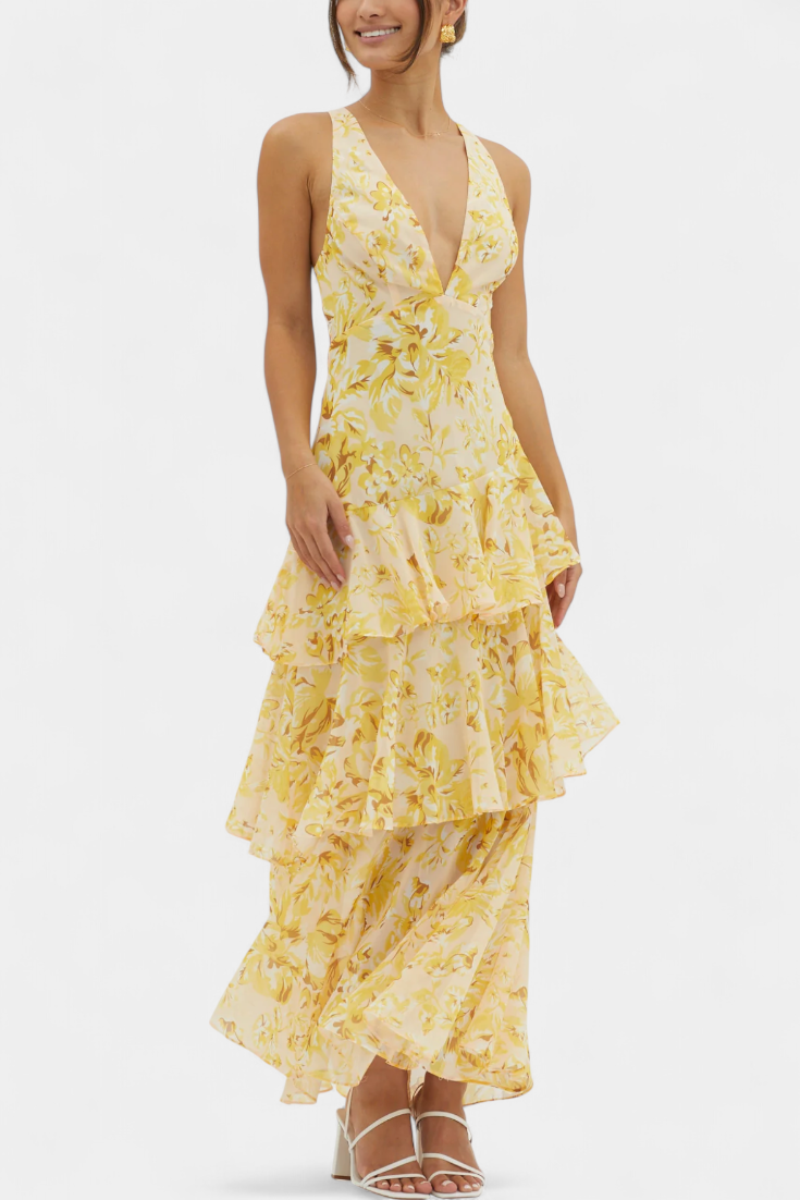 Domenica Vestido de Gasa con Escote en V y Capas Exclusivas