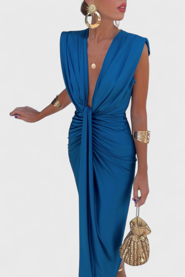Lakisha Vestido Midi Fruncido Escote Profundo Exclusivo