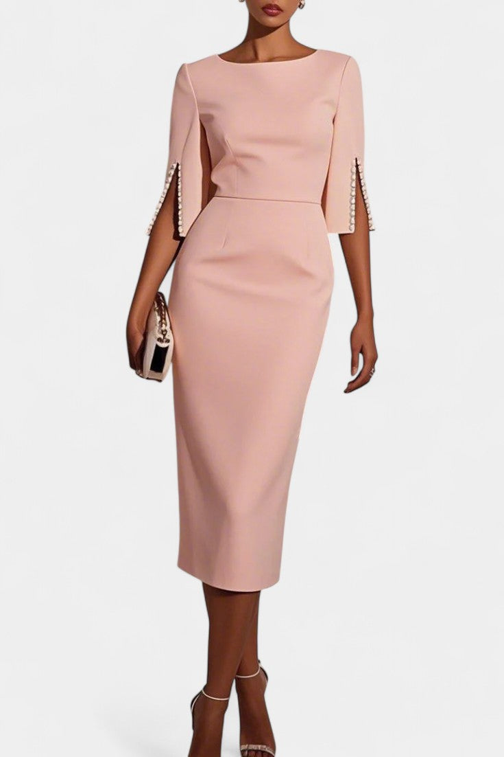 Reece Vestido Midi Con Perlas Cuello Redondo Exclusivo
