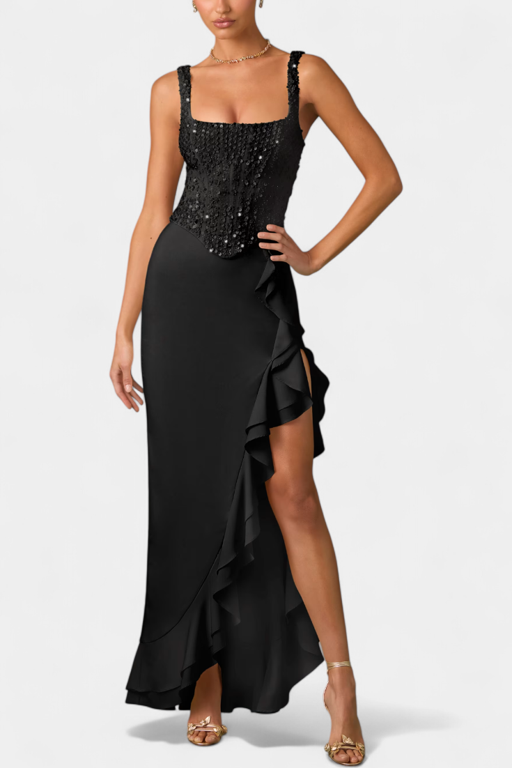 Cindy Vestido Midi Corsé Volantes Asimétricos Seda Exclusivo