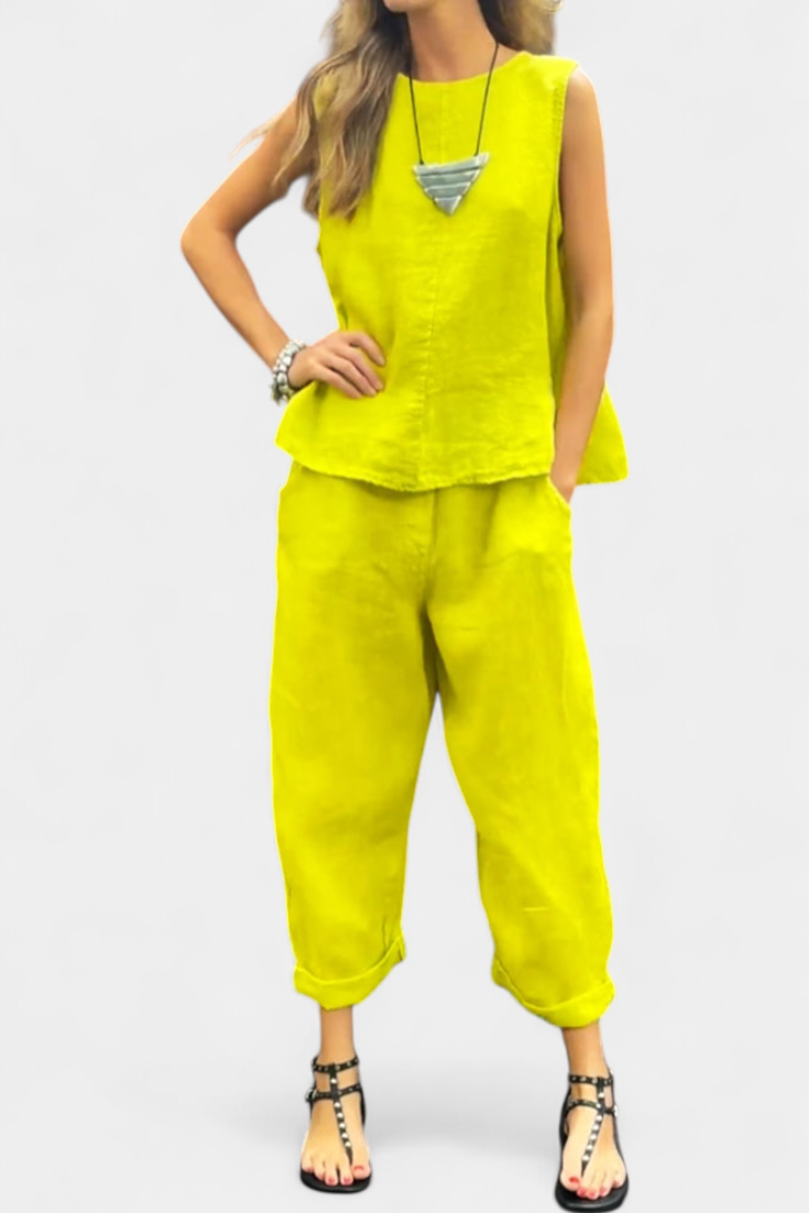 Leona Conjunto Chaleco Pantalón Algodón Lino Exclusivo