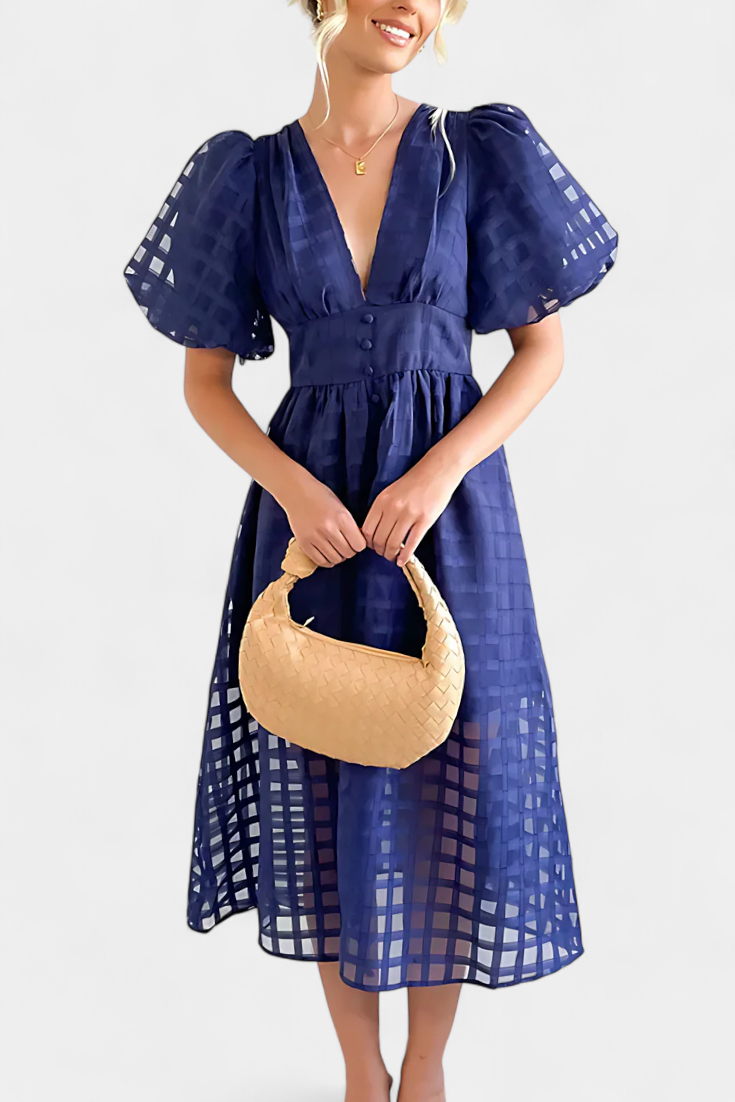 Marigold Vestido Midi Vintage Manga Abullonada Cuadrados