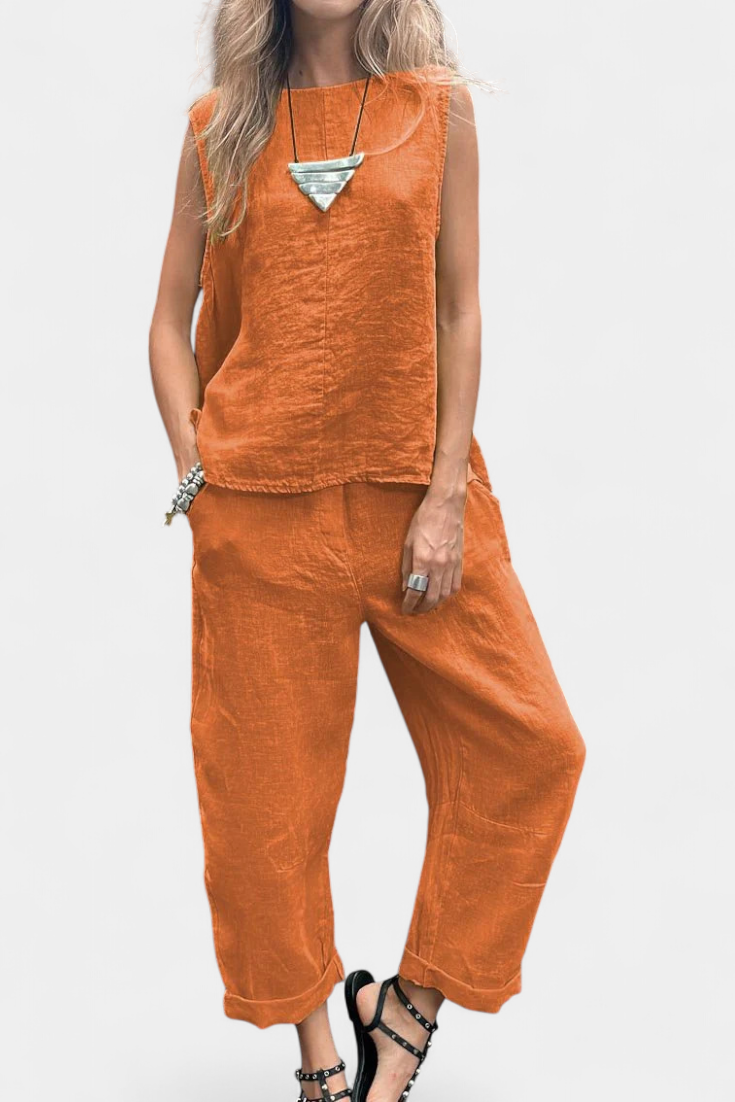 Leona Conjunto Chaleco Pantalón Algodón Lino Exclusivo
